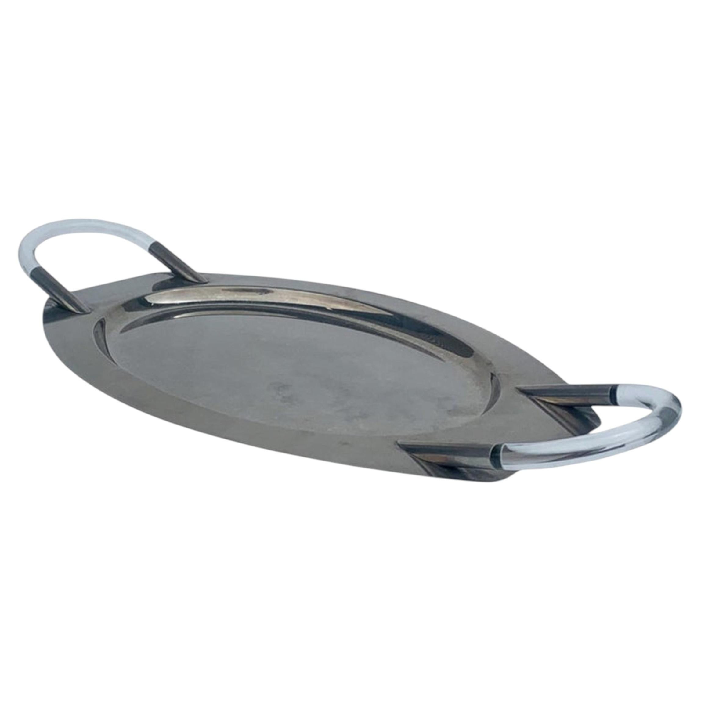 Vintage Mid Century Modern Lucite & Chrome Oval Bar Serving Tray