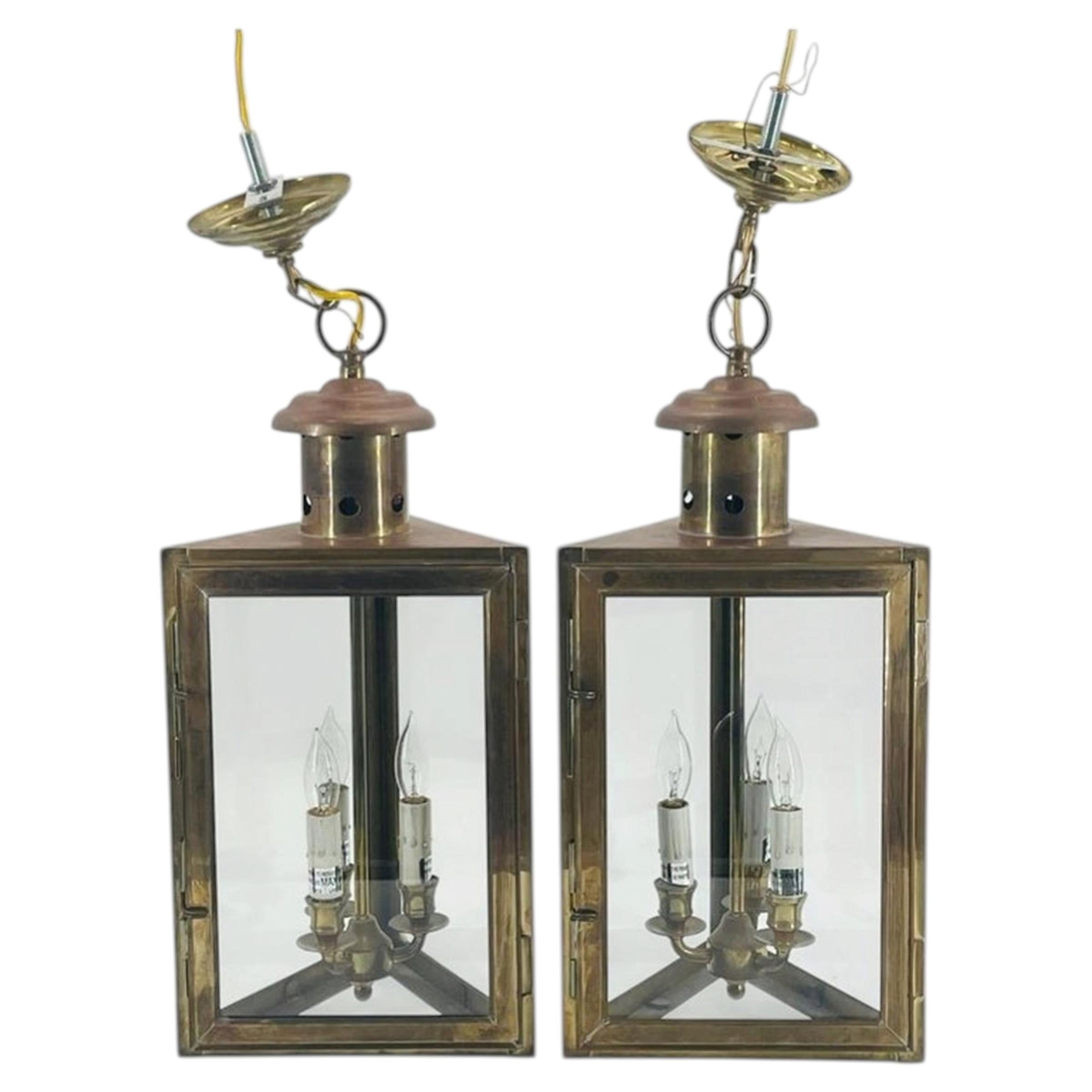 Pair of 1970s American Solid Brass Glass Lantern Pendant Sconces