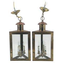 Pair of 1970s American Solid Brass Glass Lantern Pendant Sconces