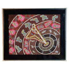 James P. Simon Australian Aboriginal Painting in Lucite Shadowbox, Signed.