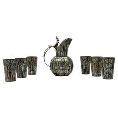 Set di brocche messicane in argento alpaca e abalone con motivo "Uccello del Paradiso", Messico, anni '60