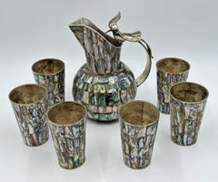 Set di brocche messicane in argento alpaca e abalone con motivo "Uccello del Paradiso", Messico, anni '60