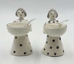 Emilia Castillo "The Couple" Bisque Porcelain Salt Cellars & Sterling Spoons Set
