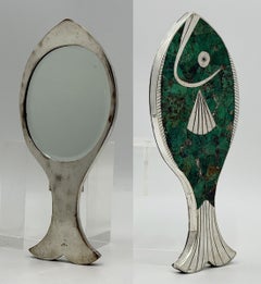 Emilia “Mimi” Castillo Taxco Malachite Silver Plate Fish Hand Mirror, 1970s