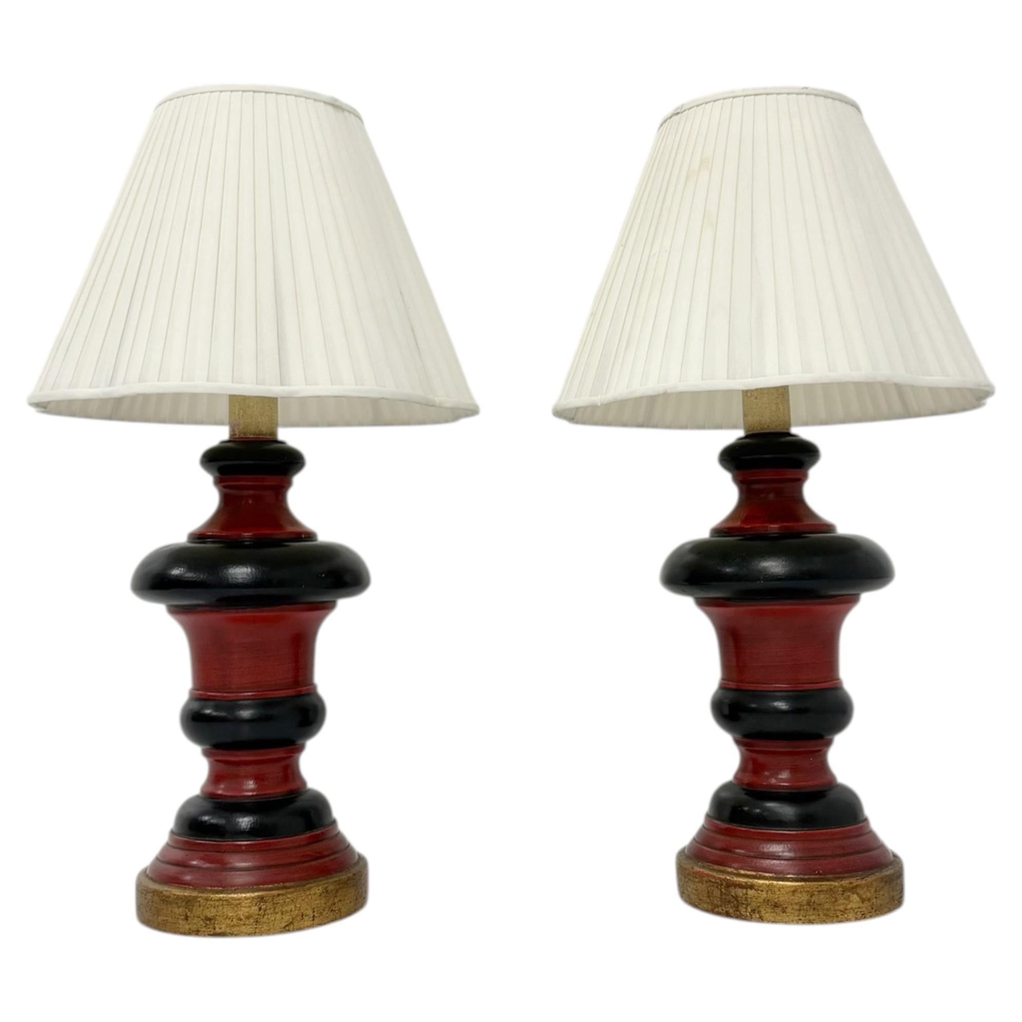 Pair of 1960s Red Black & Gilt Ceramic Table Lamps, American Modern For Sale