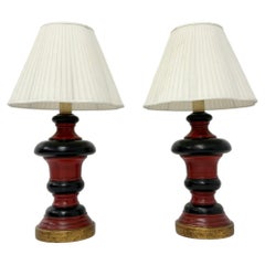 Pair of 1960s Red Black & Gilt Ceramic Table Lamps, American Modern