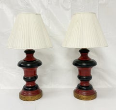 Pair of 1960s Red Black & Gilt Ceramic Table Lamps, American Modern