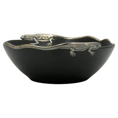 Emilia Castillo Pure Silver Lizard & Black Porcelain Bowl, Mexican Silver Art