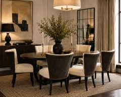 Set of 6 Mid-Century Tuxedo Dining Chairs, Ebonized Wood, Brass Nailheads