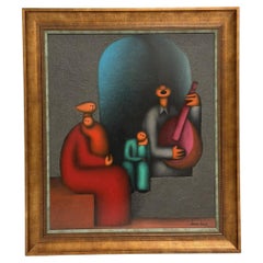 Jesús Mariano Leuus “Familia de 4 y Bandolín” Mexican Oil Painting, 1969