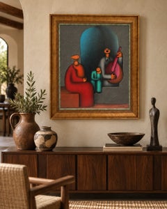 Jesús Mariano Leuus “Familia de 4 y Bandolín” Mexican Oil Painting, 1969