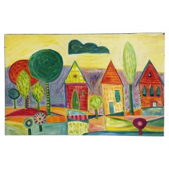 Pintura acrílica de Úrsula Roma: «Paisaje de barrio con arte popular colorido»
