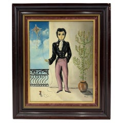 Vintage-Porträt eines jungen Mannes mit Drachen im Stil der surrealistischen Volkskunst, mexikanisches Vintage-Stück
