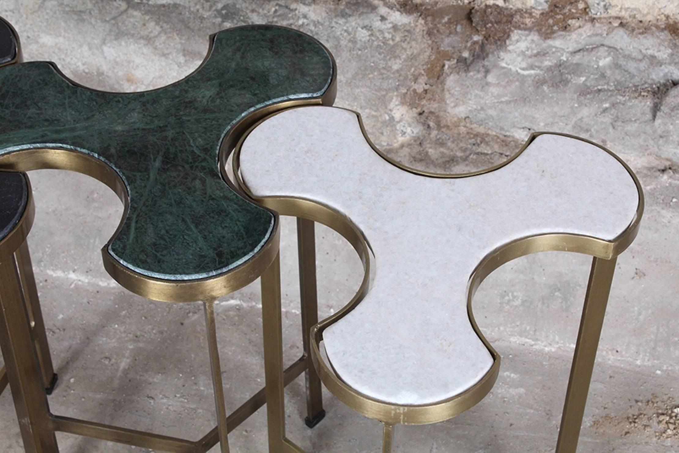 Modern Set of Three Custom Brass and Marble Trefoil Side Tables