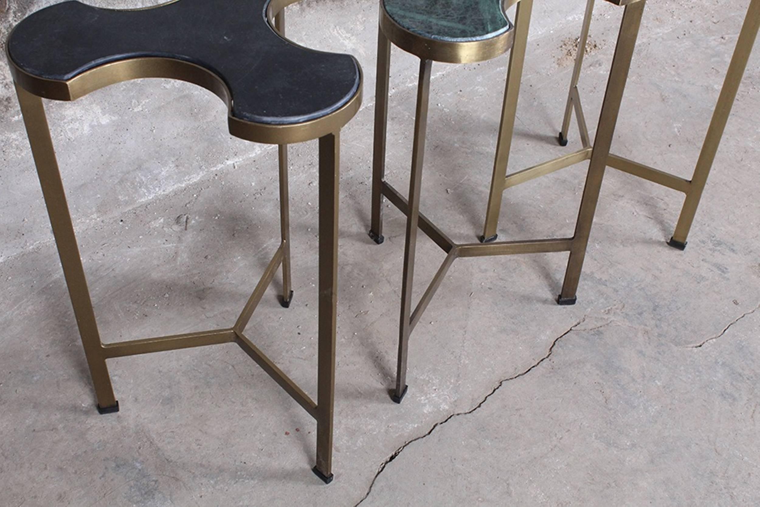 American Set of Three Custom Brass and Marble Trefoil Side Tables