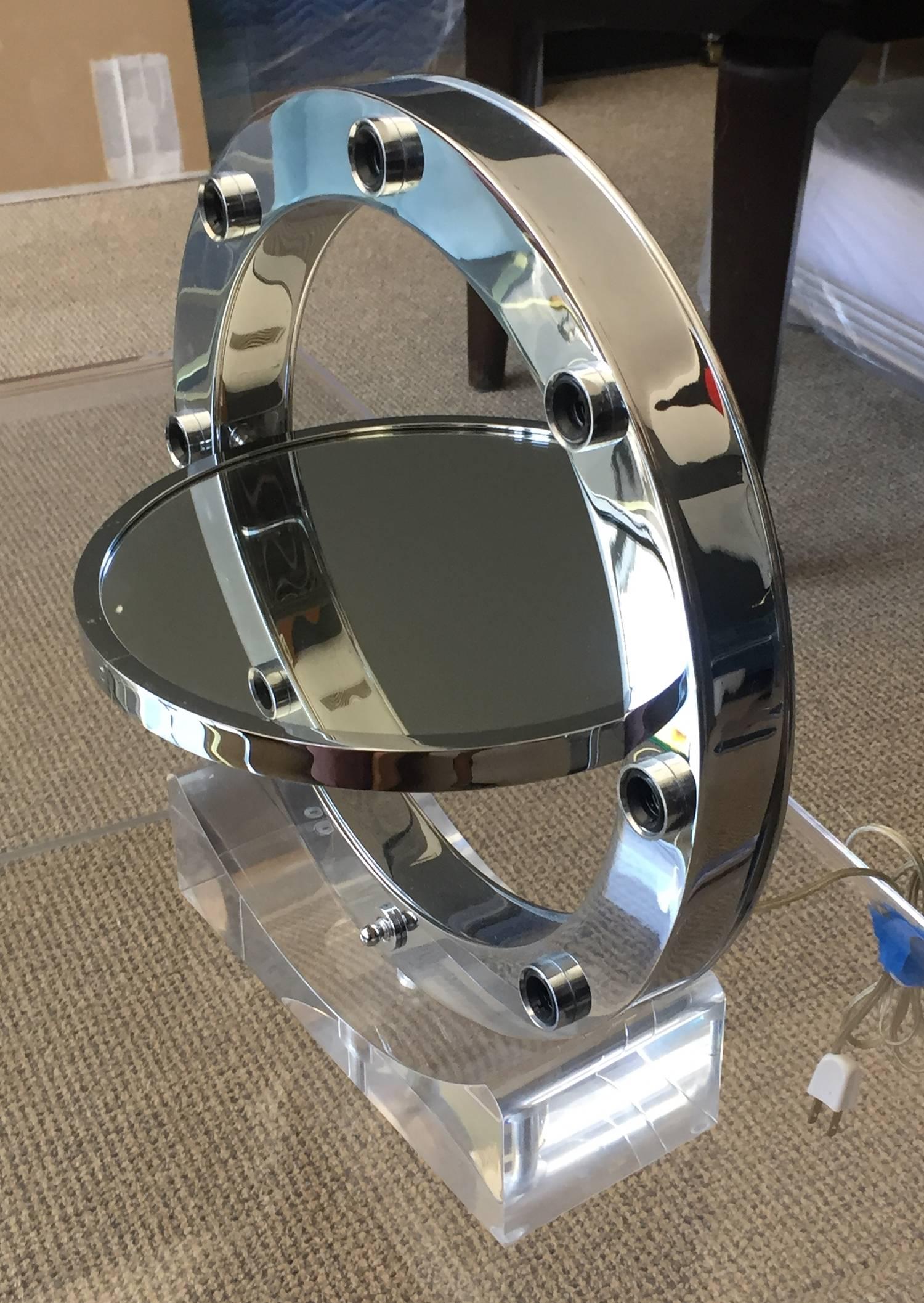 American Lucite and Chrome Makeup Mirror with Magnifying Feature by Charles Hollis Jones For Sale