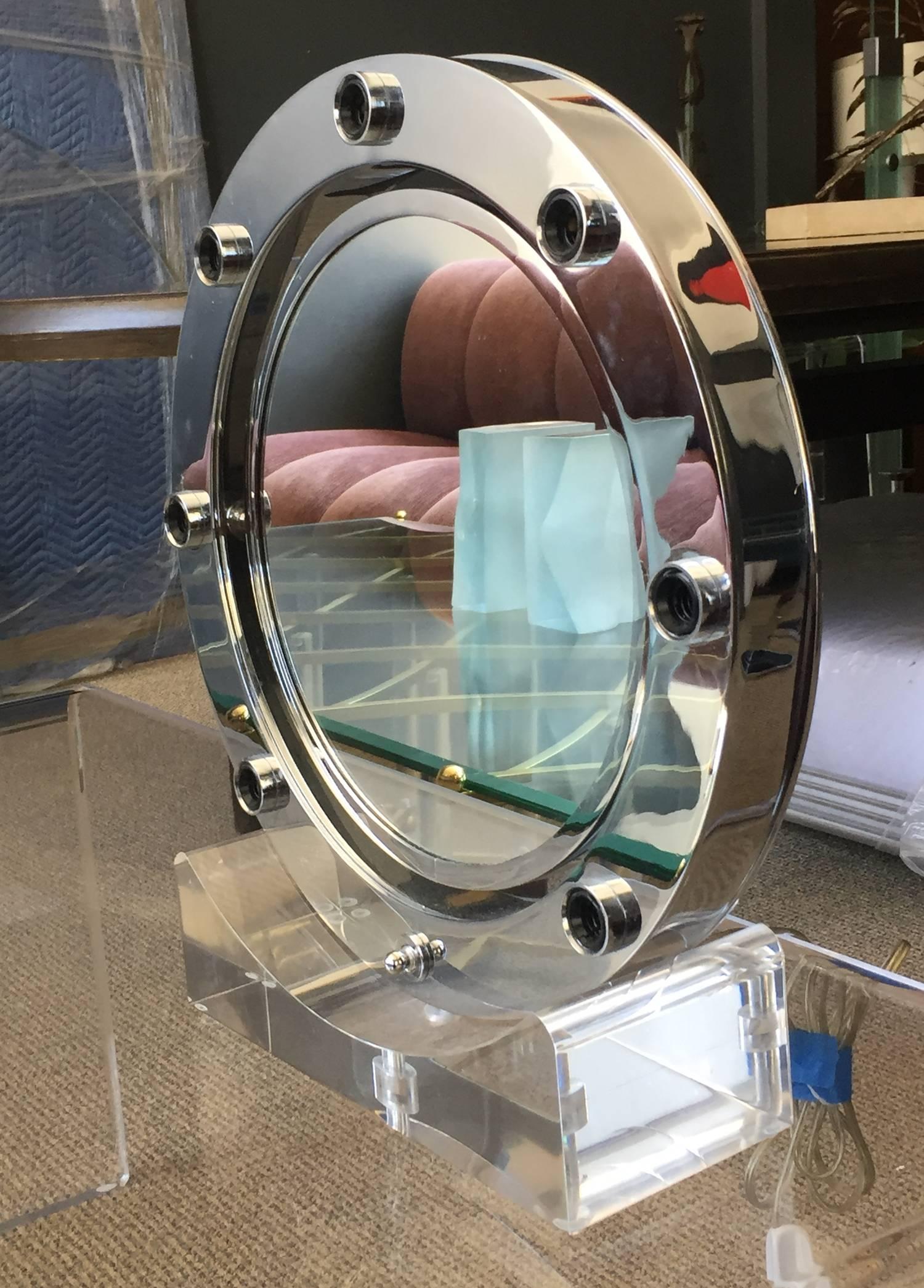 Mid-Century Modern Lucite and Chrome Makeup Mirror with Magnifying Feature by Charles Hollis Jones For Sale