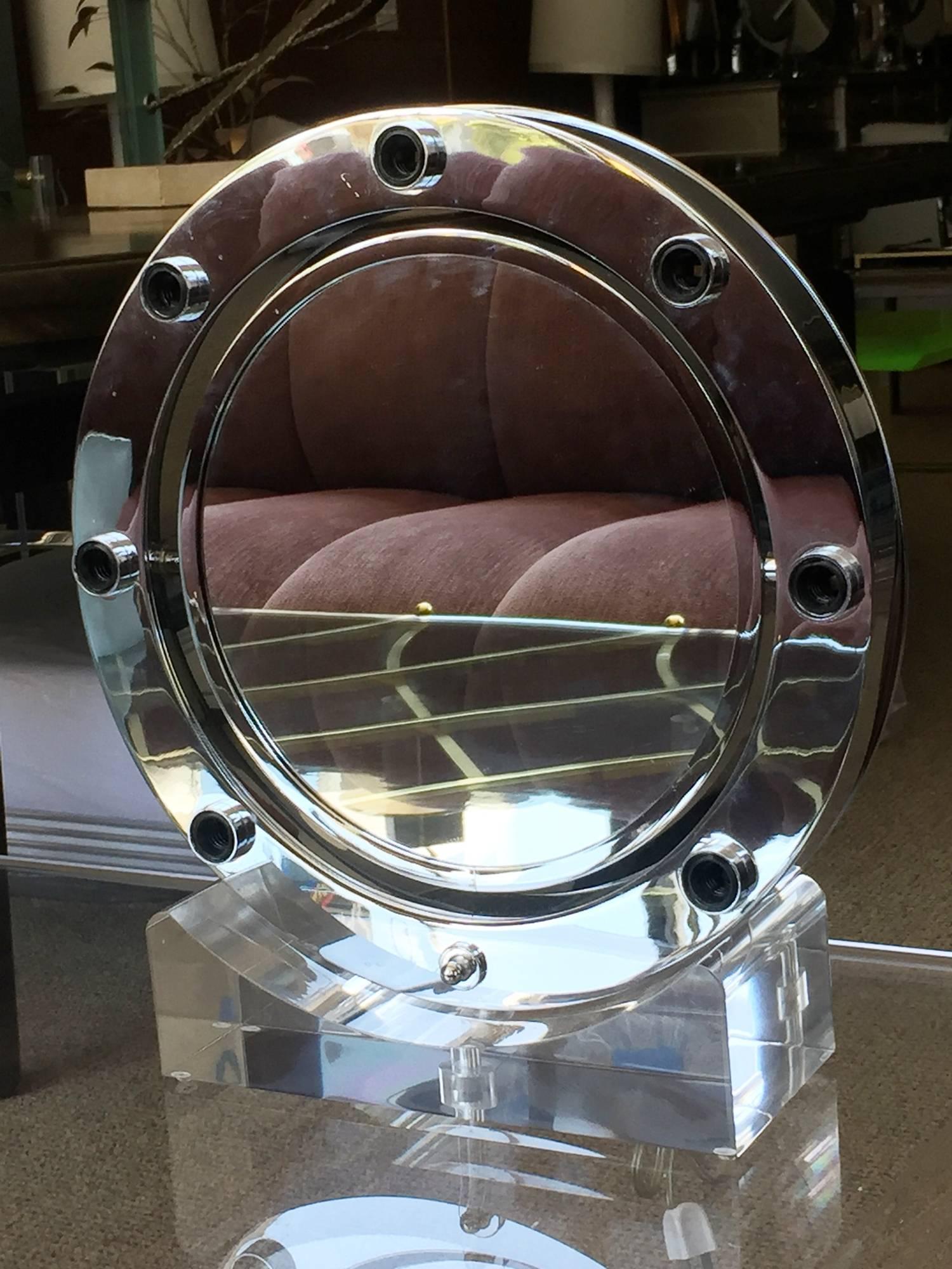 Lucite and Chrome Makeup Mirror with Magnifying Feature by Charles Hollis Jones In Good Condition For Sale In Los Angeles, CA