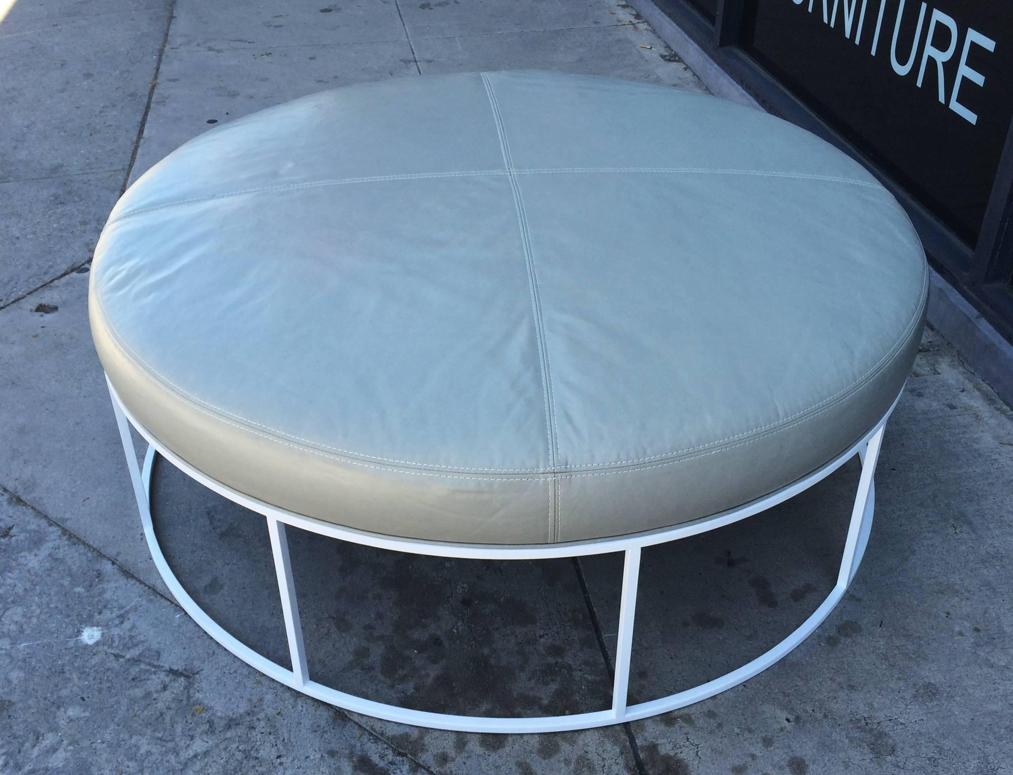 Modern Stunning Custom Designed Round Ottoman with Solid Brass Base For Sale