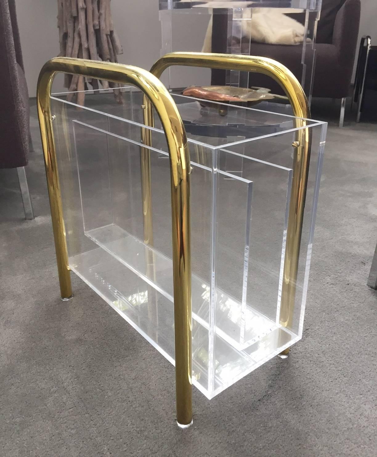 Mid-Century Modern Brass and Lucite Magazine Holder by Charles Hollis Jones For Sale