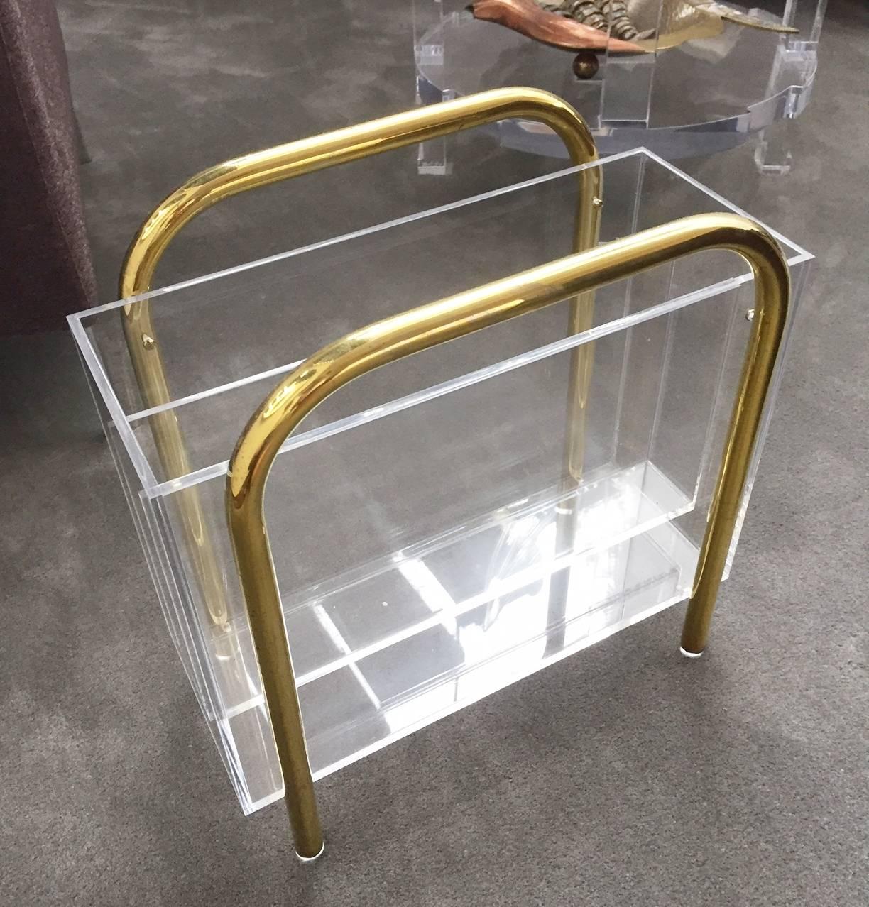 Plated Brass and Lucite Magazine Holder by Charles Hollis Jones For Sale