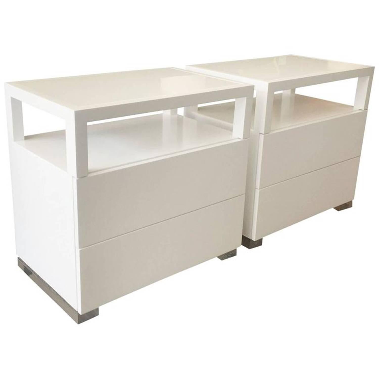 Pair of White Lacquer and Lucite Nightstands by Cain Modern