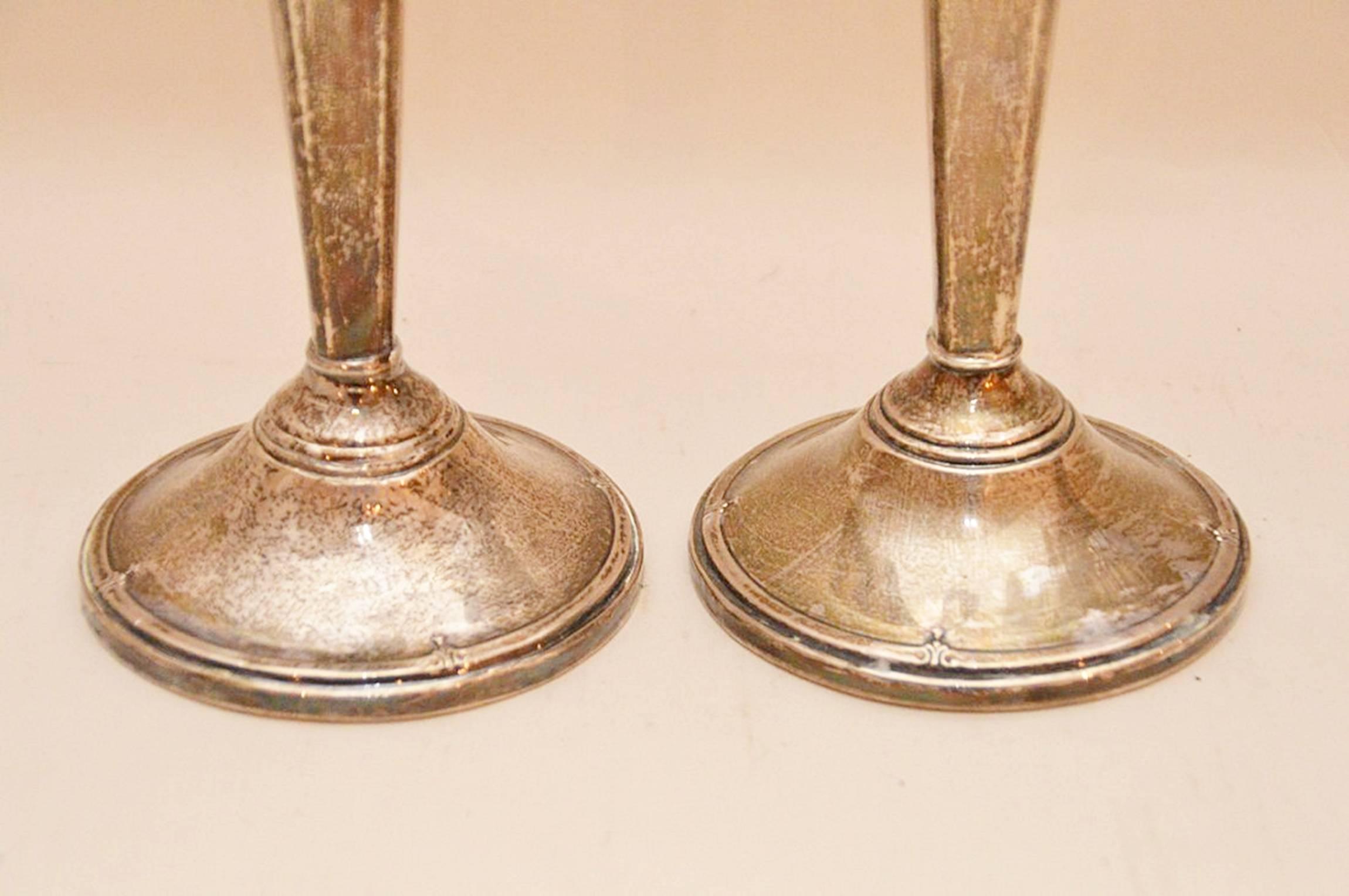 Mid-Century Modern Pair of Neoclassic Style Sterling Silver Candlesticks