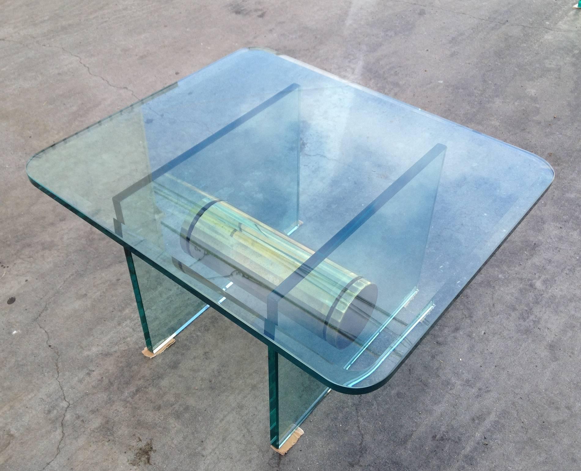 American Brass and Glass Side Table with Scalloped Brass Beam by Pace Collection
