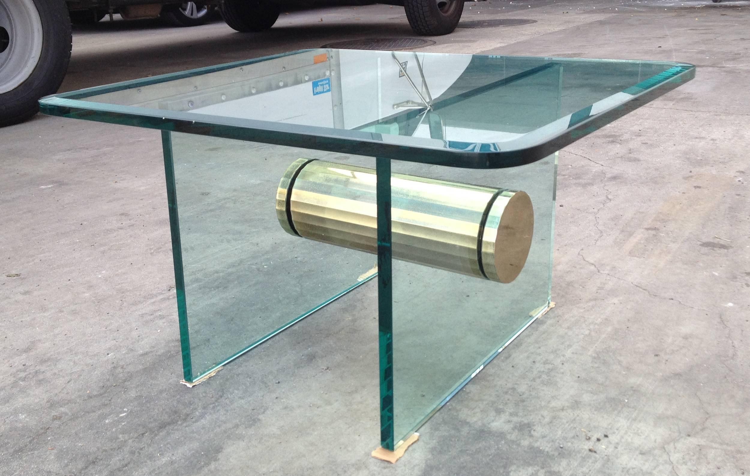 Brass and Glass Side Table with Scalloped Brass Beam by Pace Collection In Good Condition In Los Angeles, CA