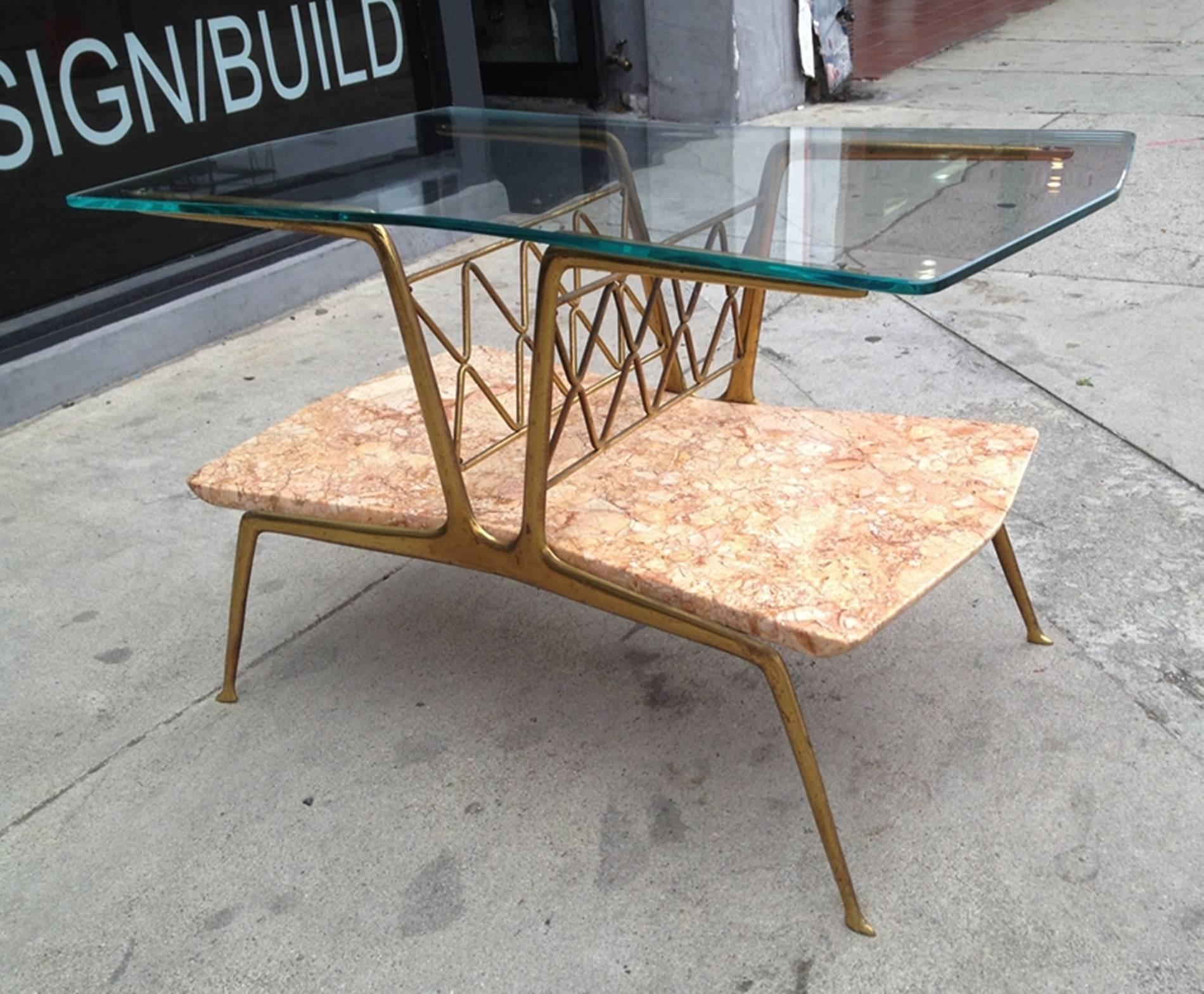 Mid-Century Modern Italian Side Table in Marble, Brass and Glass
