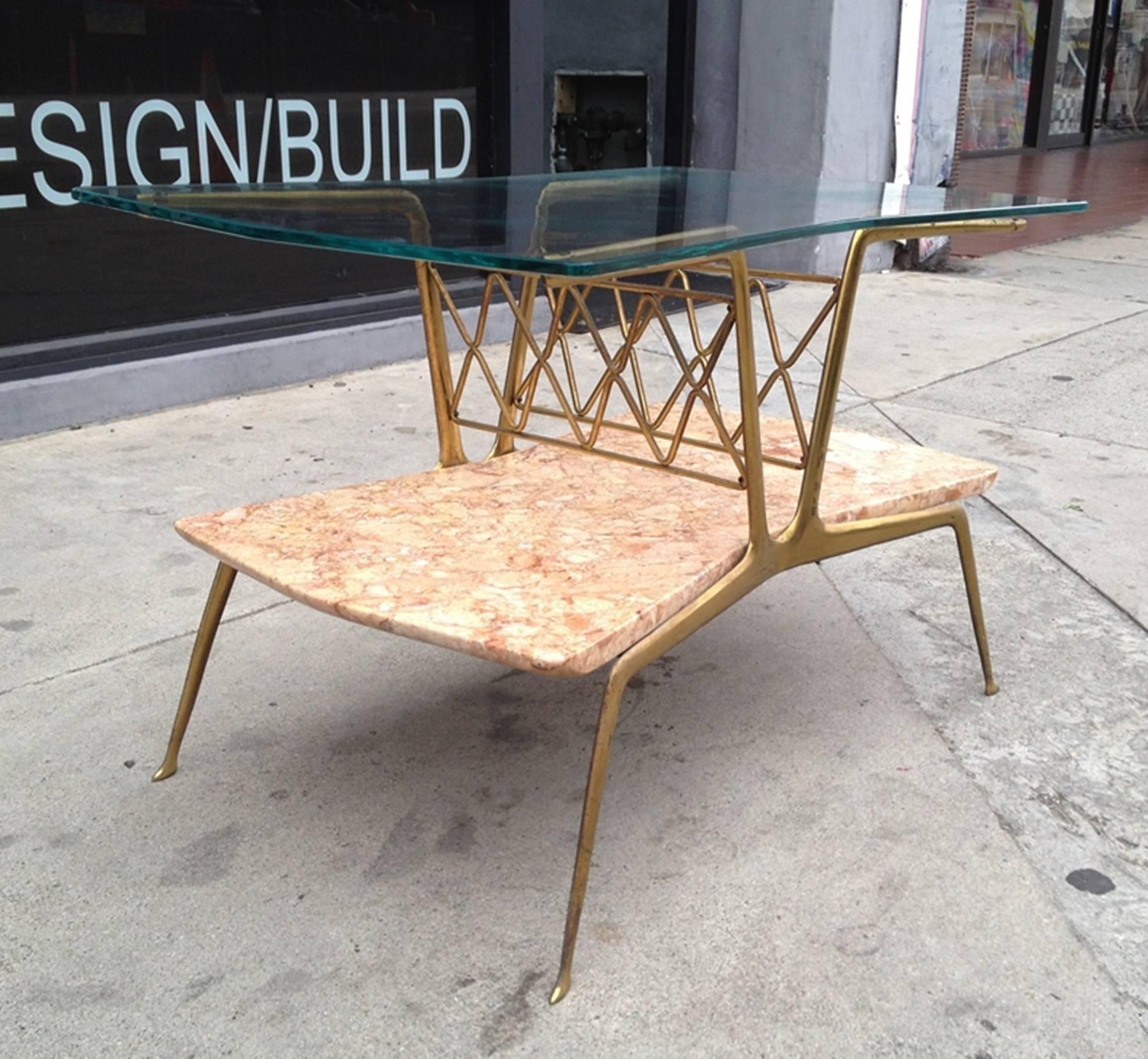 American Italian Side Table in Marble, Brass and Glass