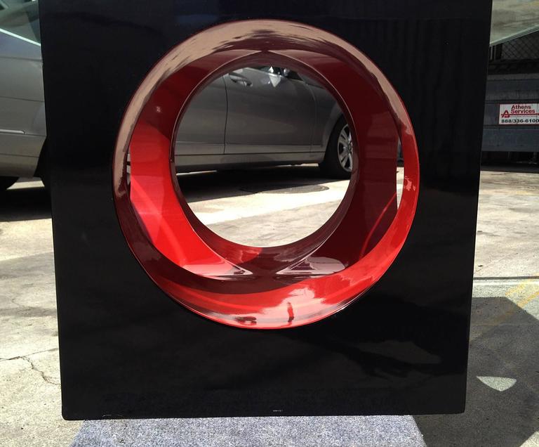 Geometric Coffee Table in Black and Red Lacquer with a Glass Top For