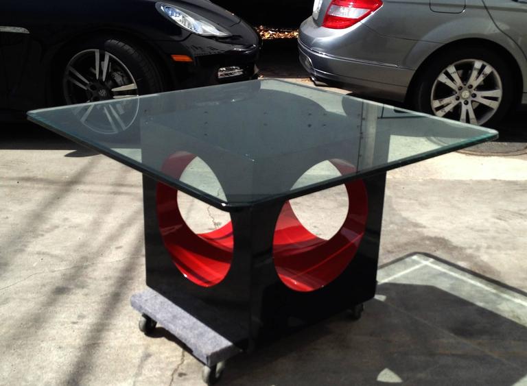 Geometric Coffee Table in Black and Red Lacquer with a Glass Top For