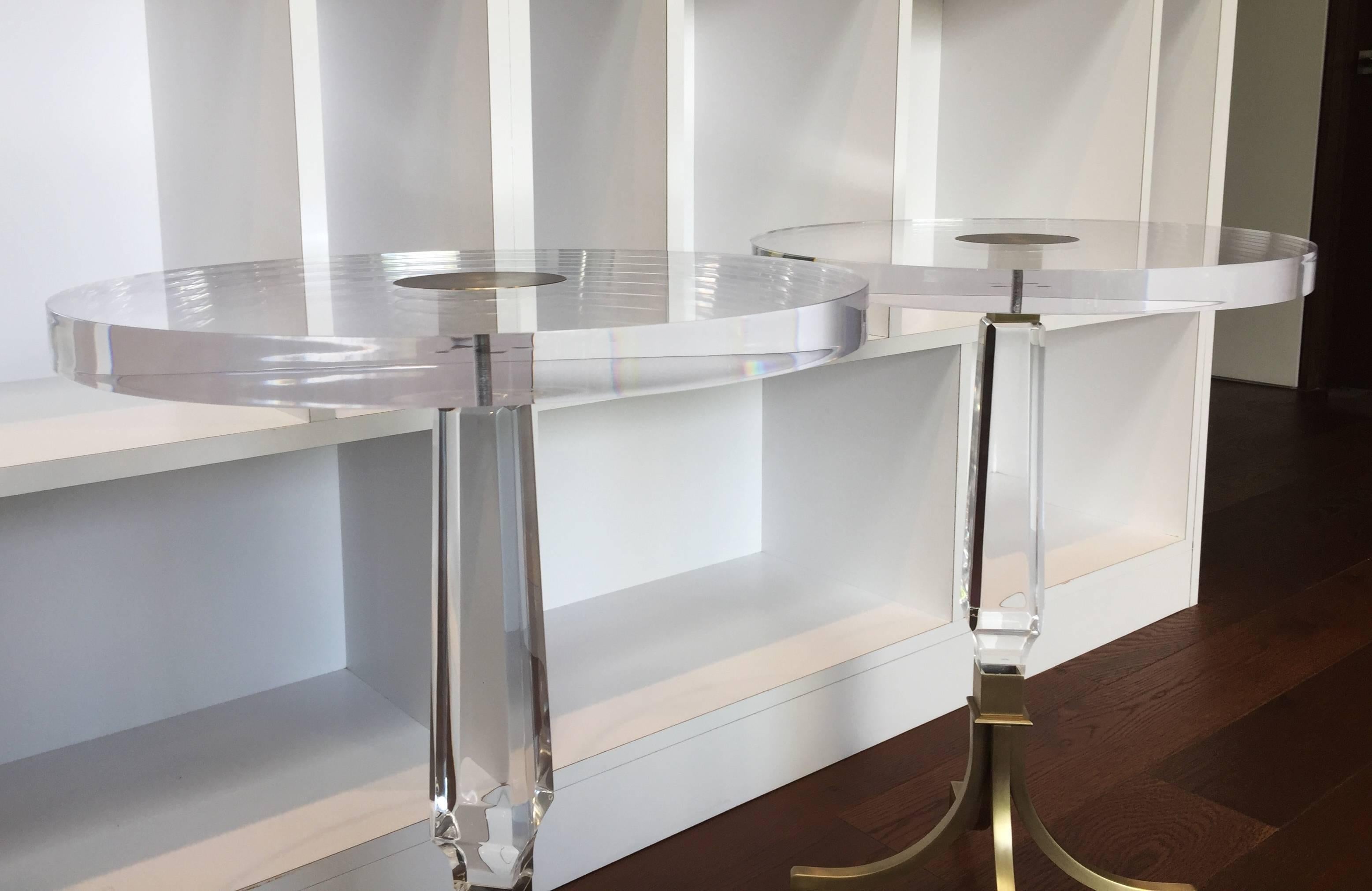 Mid-Century Modern Custom Regency Style Lucite and Brass Side Tables by Charles Hollis Jones For Sale