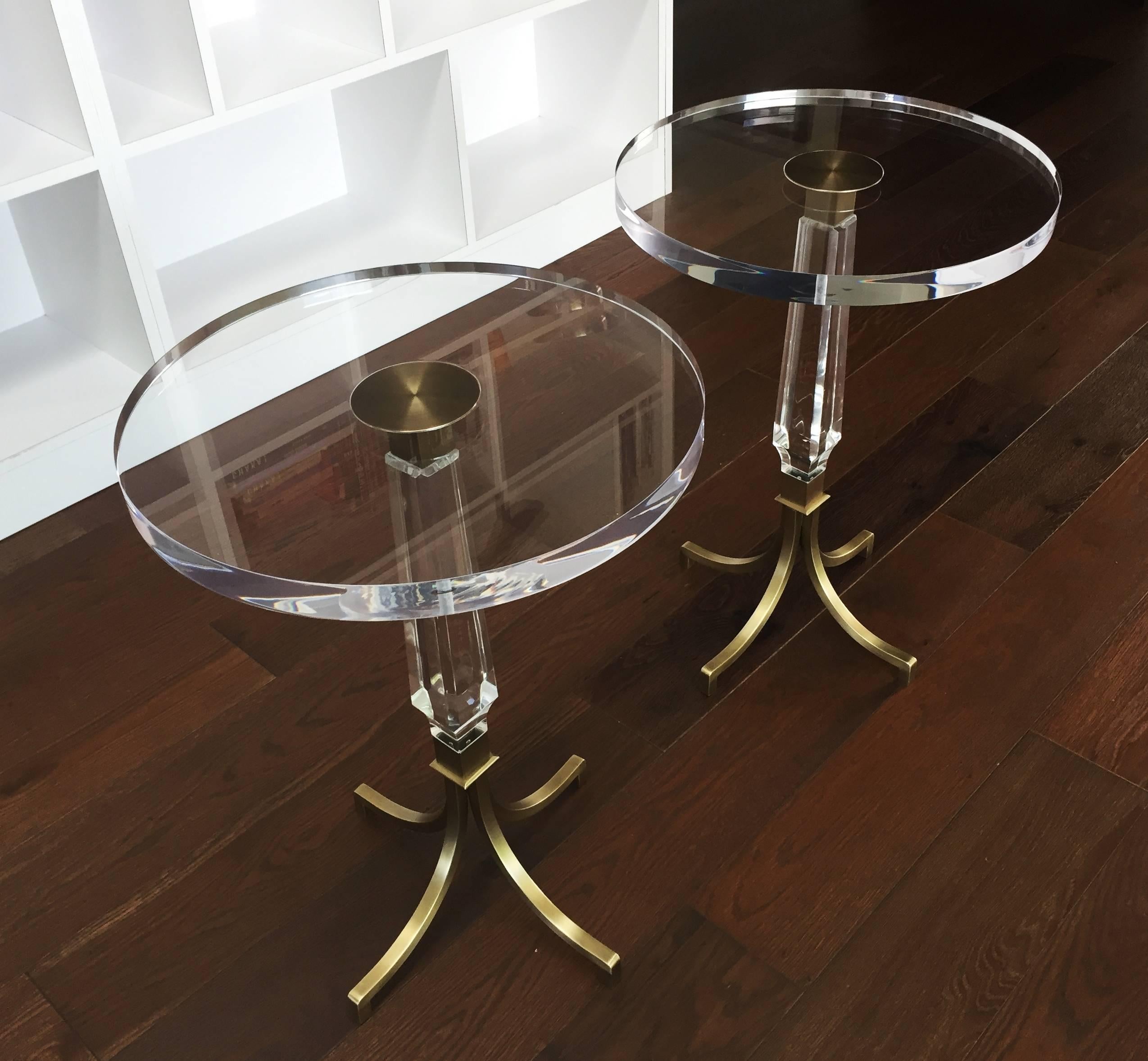 Contemporary Custom Regency Style Lucite and Brass Side Tables by Charles Hollis Jones For Sale