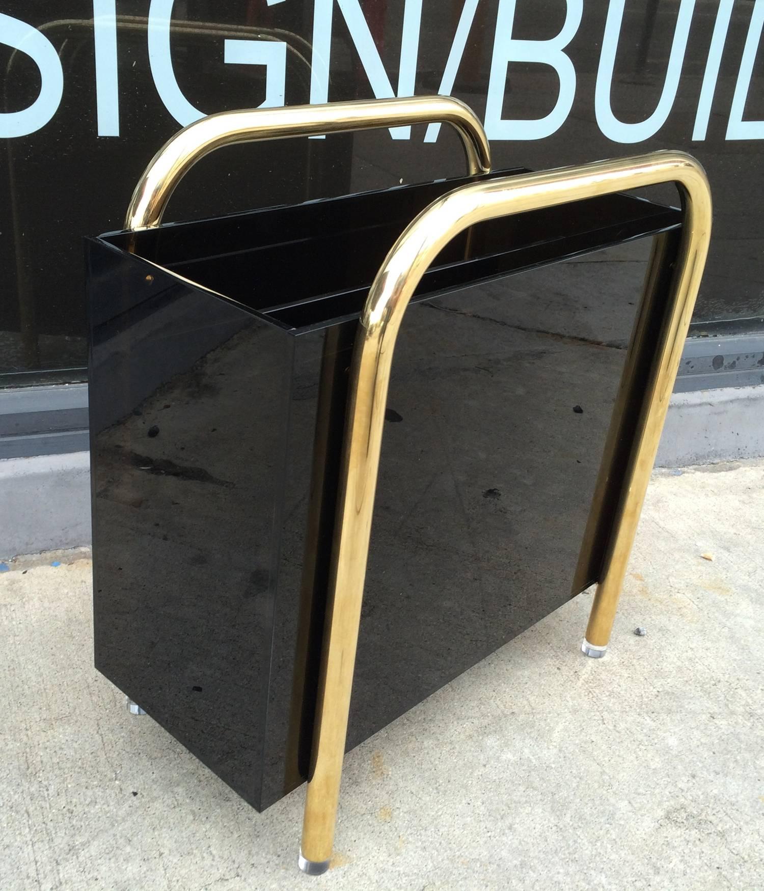 Brass and Bronzed Lucite Magazine Holder by Charles Hollis Jones In Good Condition For Sale In Los Angeles, CA