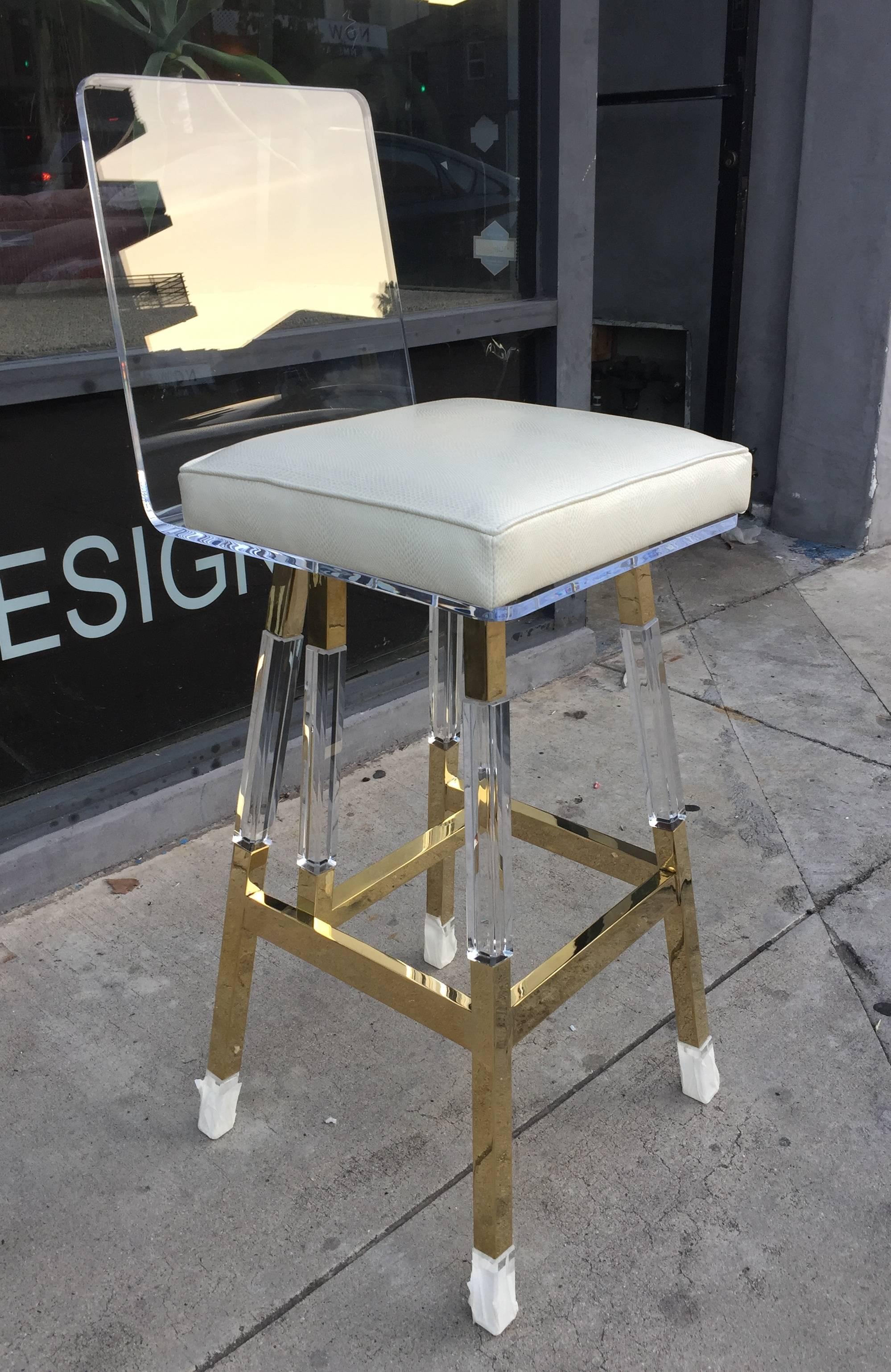 American Charles Hollis Jones Barstools in Lucite and Polished Brass