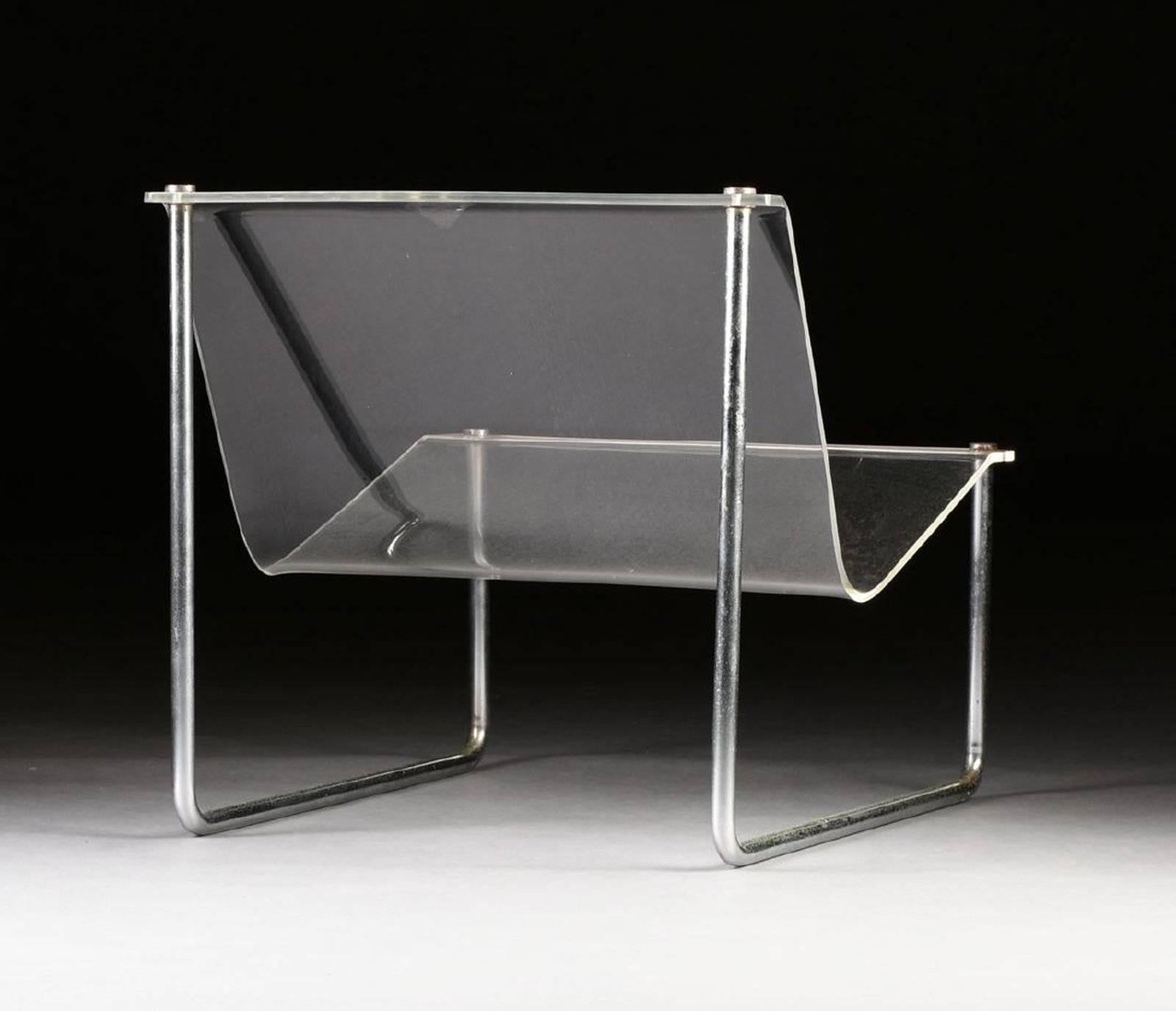 Charles Hollis Jones sling chair, 
USA, 1969
acrylic, chrome-plated steel
Measures: 24.75 W x 27 D x 24.25 H inches
Literature: Charles Hollis Jones, Jones and Wolf.

 