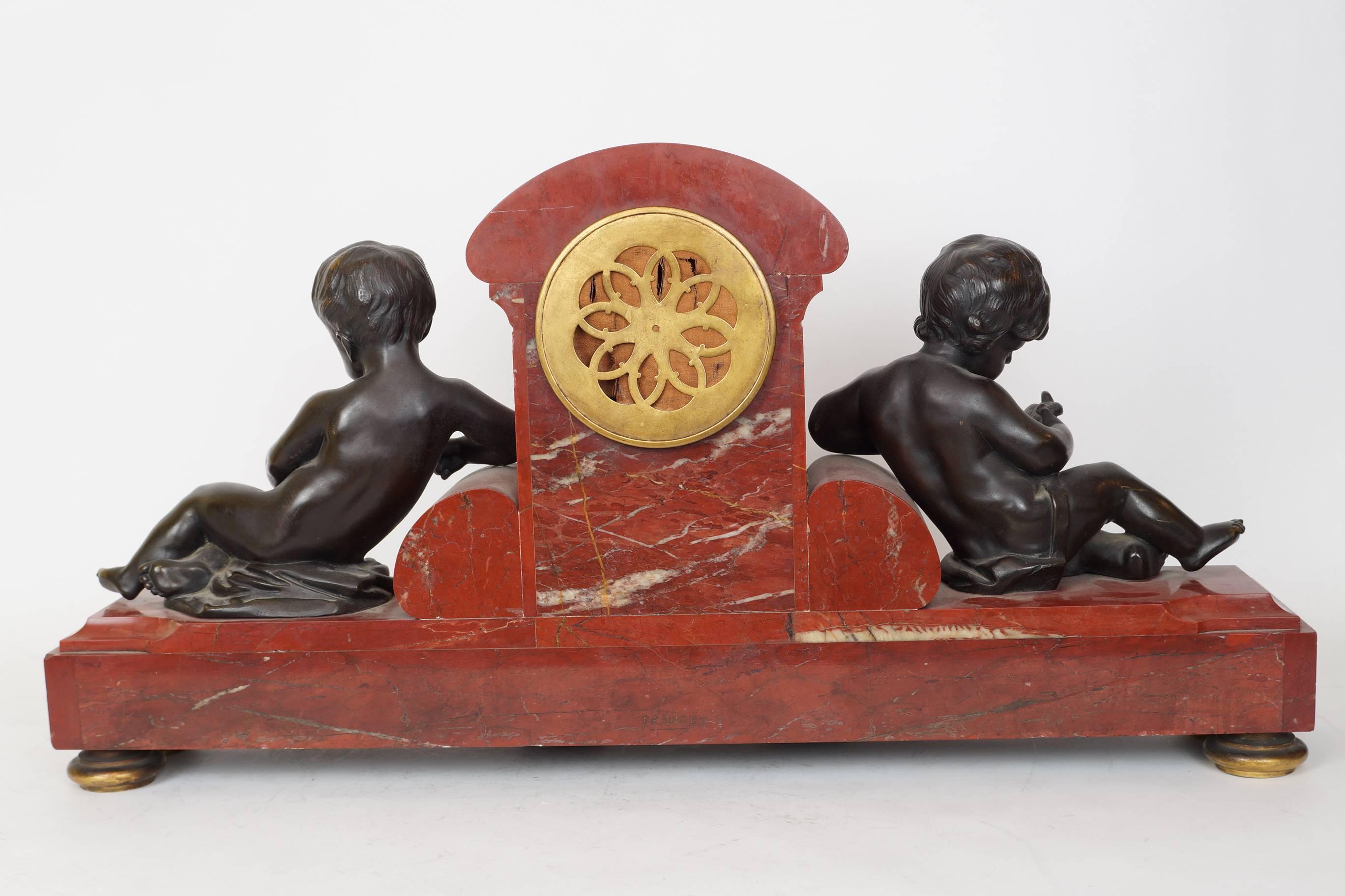 Rouge Marble and Bronze Mantel Clock by Tiffany and Company with Seated Putti 1