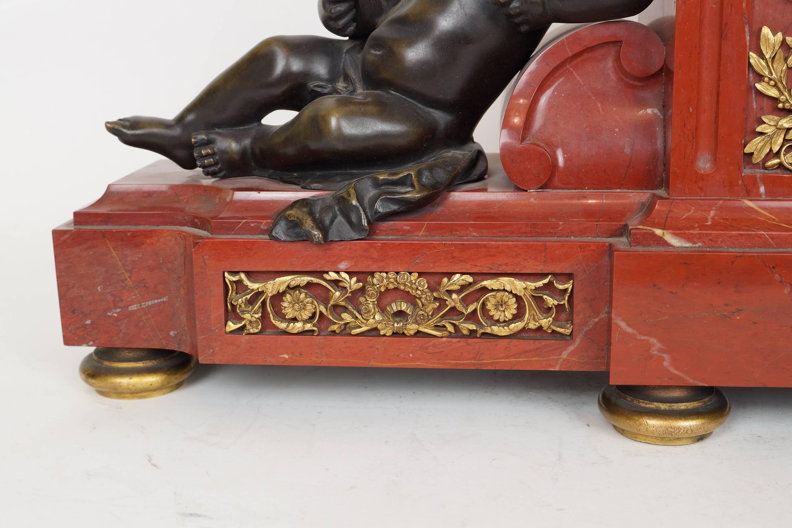 19th Century Rouge Marble and Bronze Mantel Clock by Tiffany and Company with Seated Putti