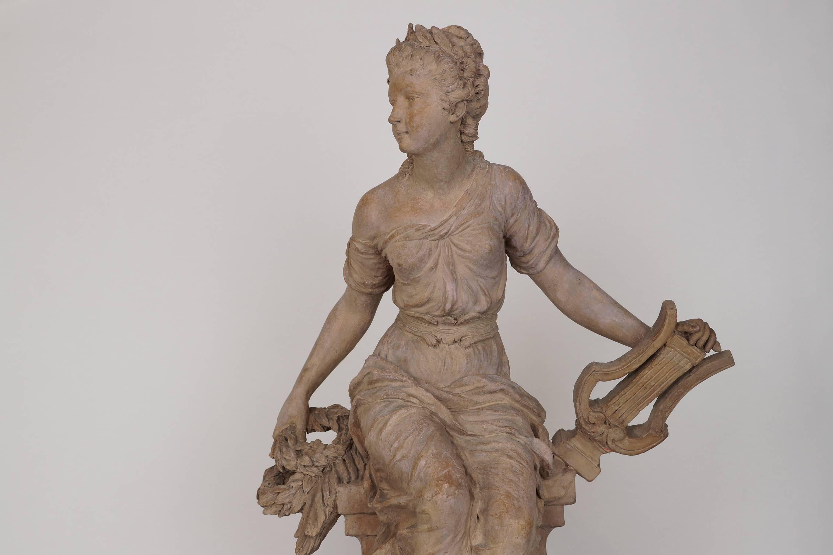 Fine Terracotta Figure of a Seated Woman Holding Musical Instrument In Excellent Condition In New York, NY