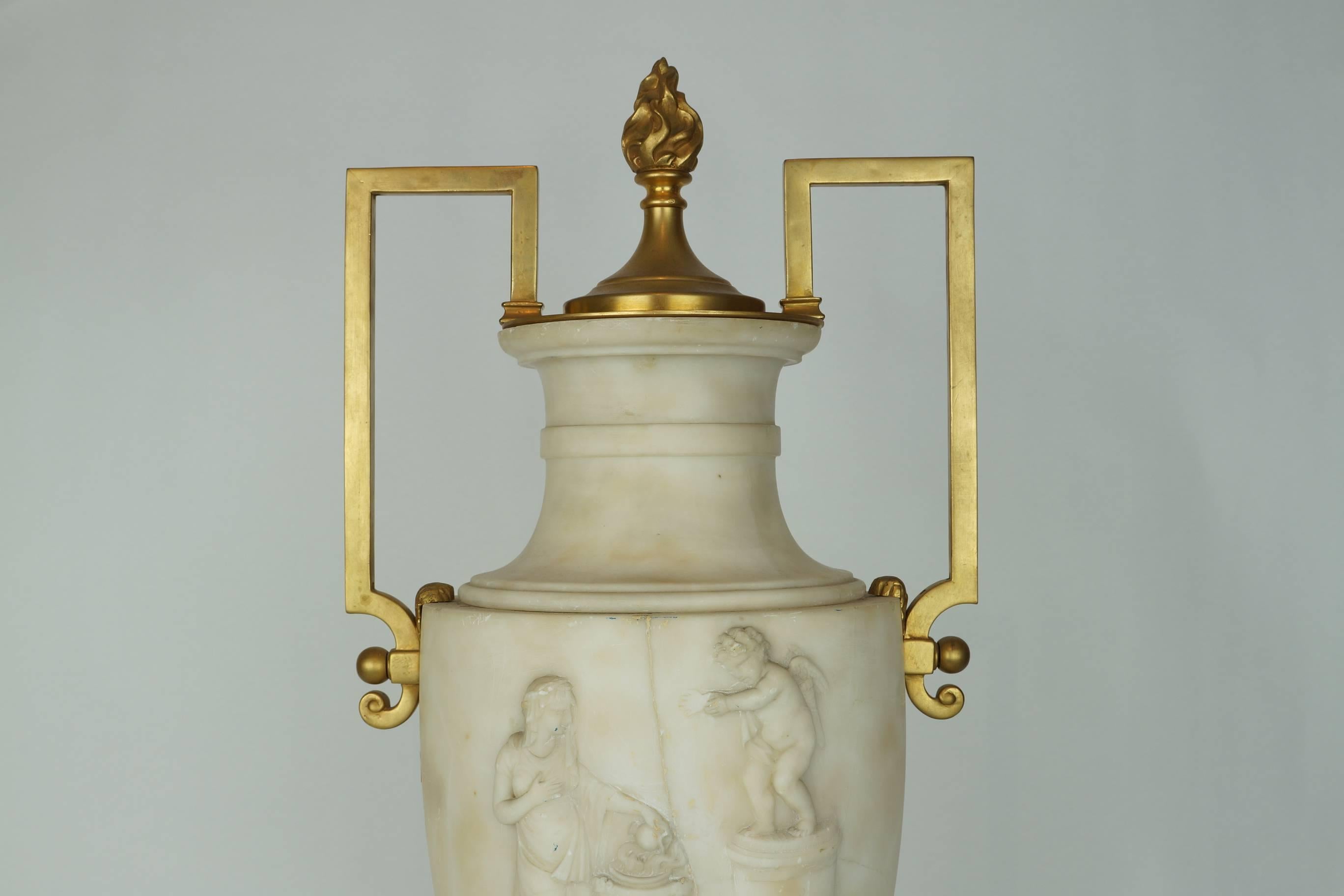 Hand-Carved Pair of 19 century Italian Alabaster  and Bronze Neoclassical Urns/ Lamps