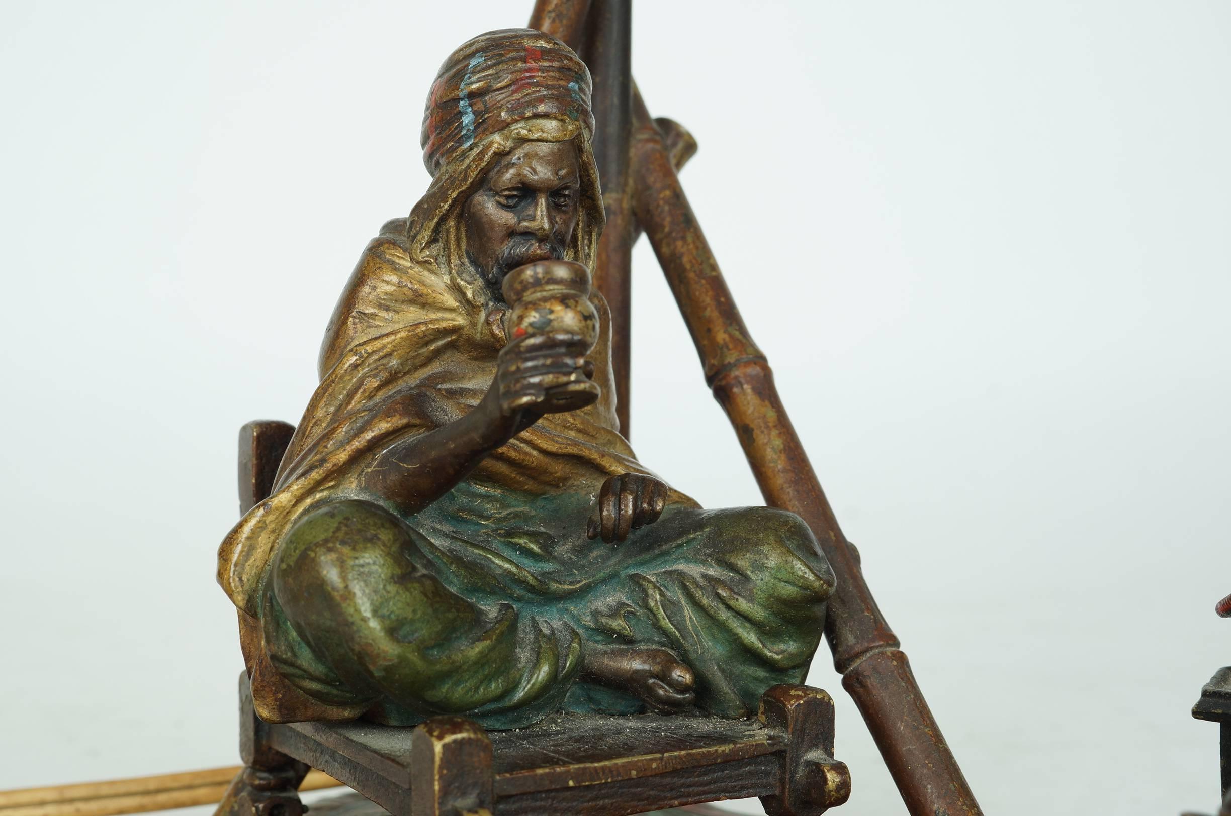 Bronze Bergman Lamp of a Seated Man on Chair Having Coffee In Excellent Condition For Sale In New York, NY