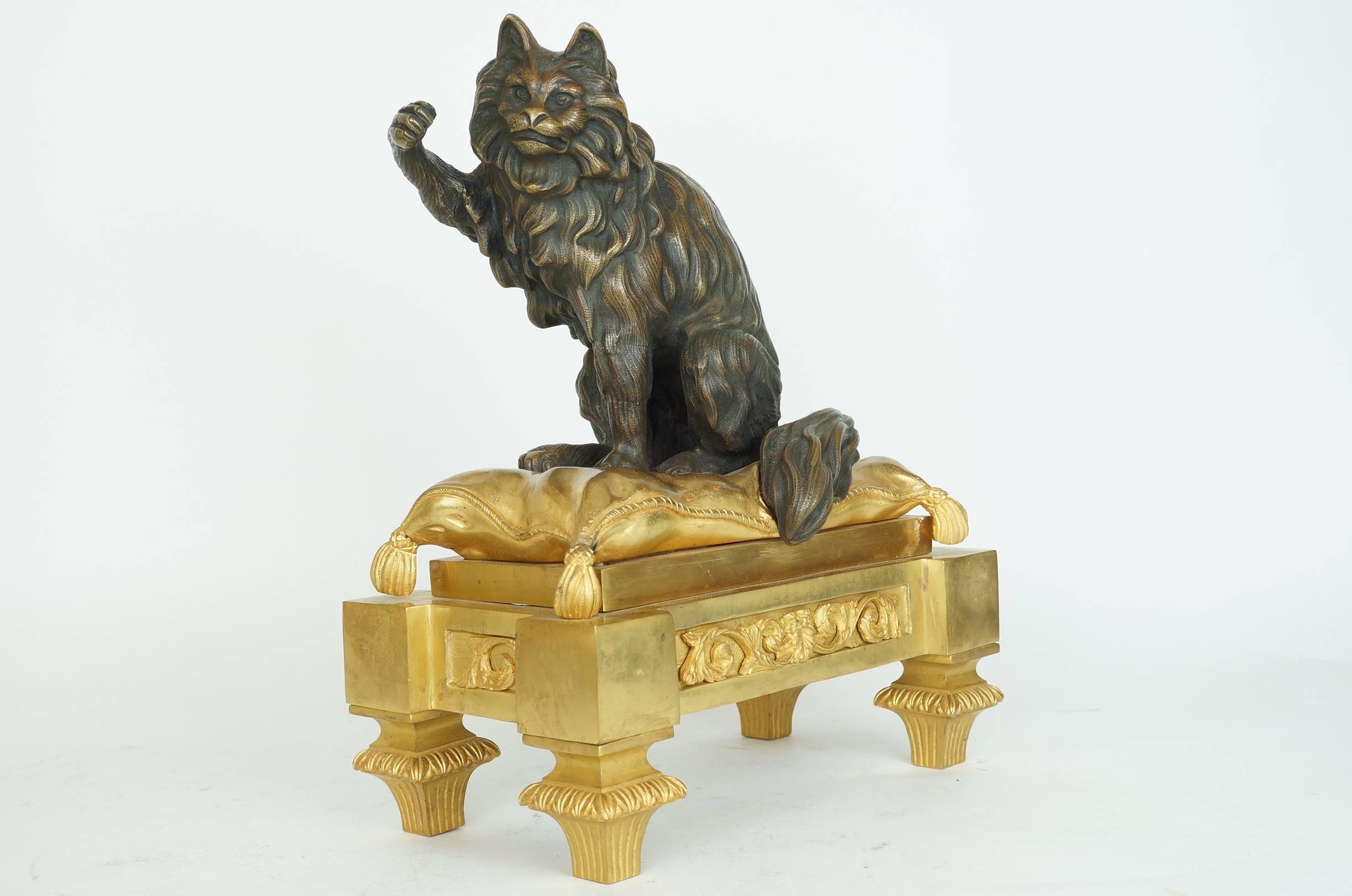 Large Pair of Bronze Dog and Cat Figural Fireplace Chenets In Excellent Condition In New York, NY