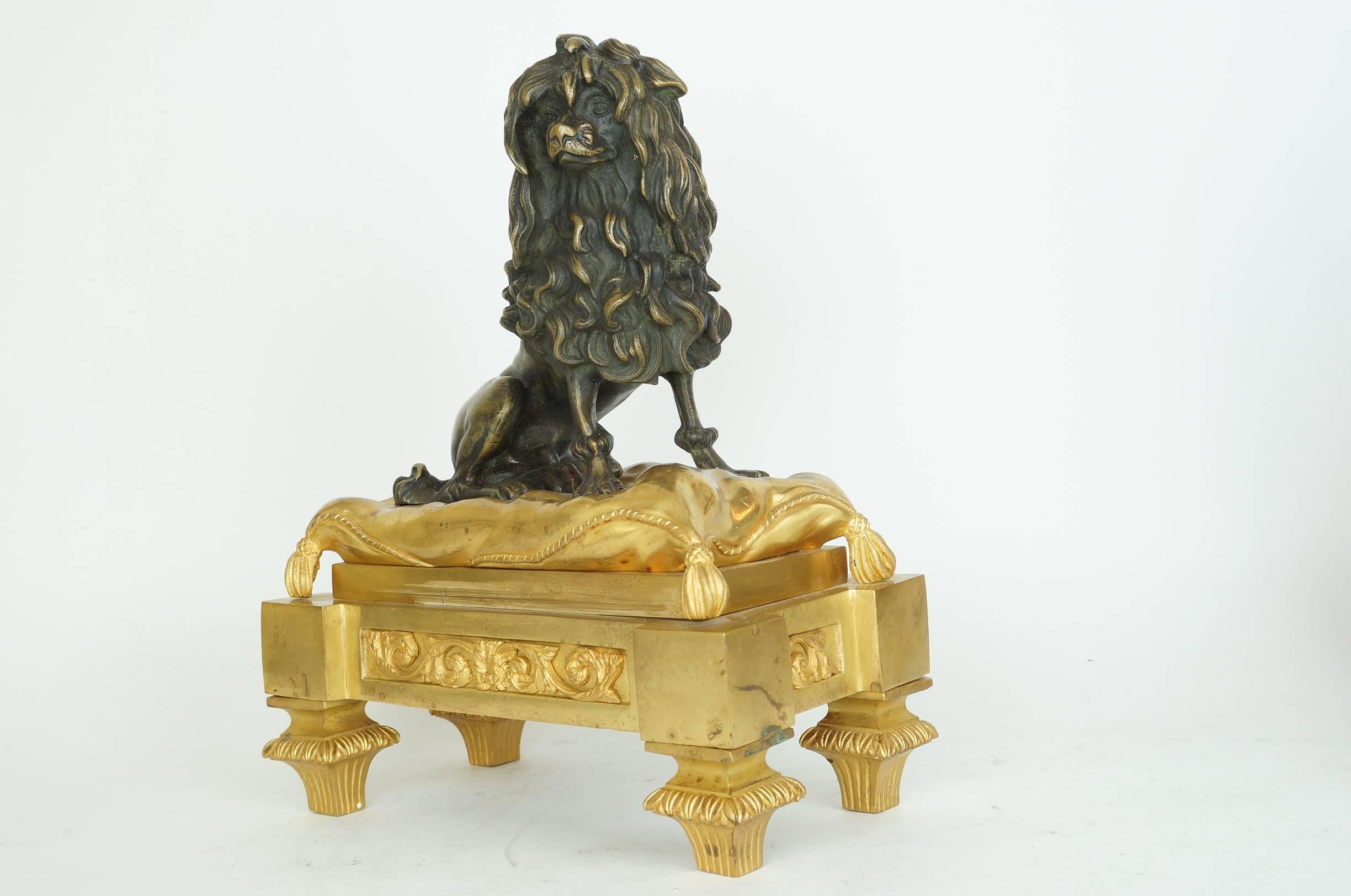 French Large Pair of Bronze Dog and Cat Figural Fireplace Chenets