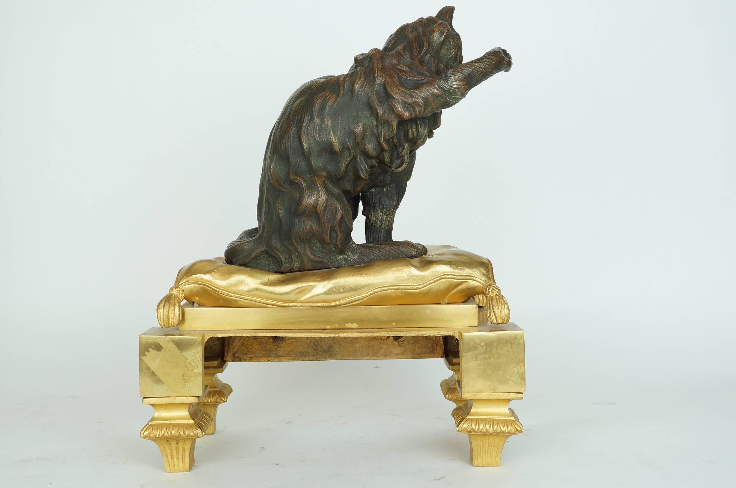 19th Century Large Pair of Bronze Dog and Cat Figural Fireplace Chenets