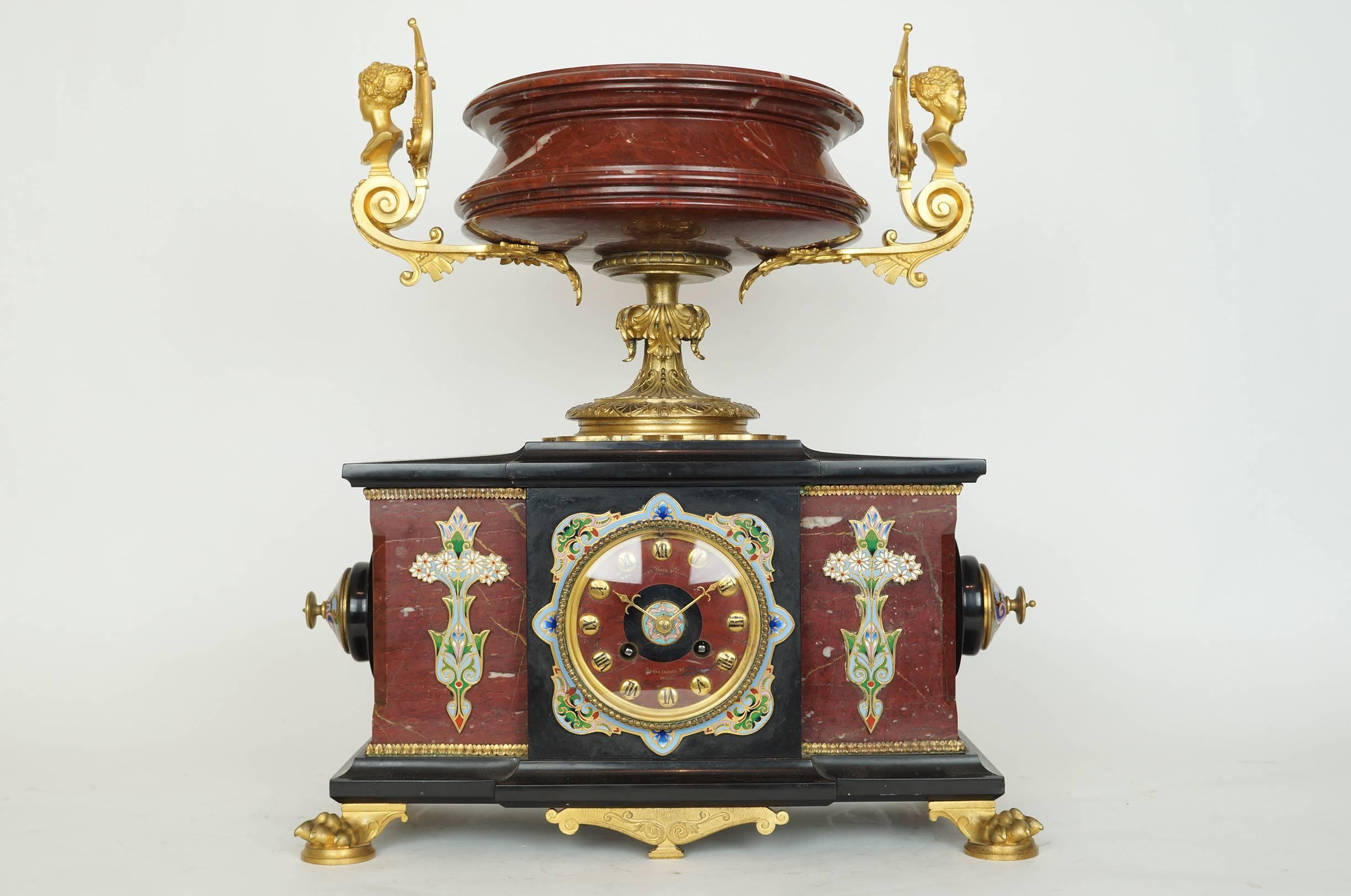 Three-Piece Rouge Marble, Bronze and Champleve Enamel Clock Ganiture Set In Excellent Condition In New York, NY