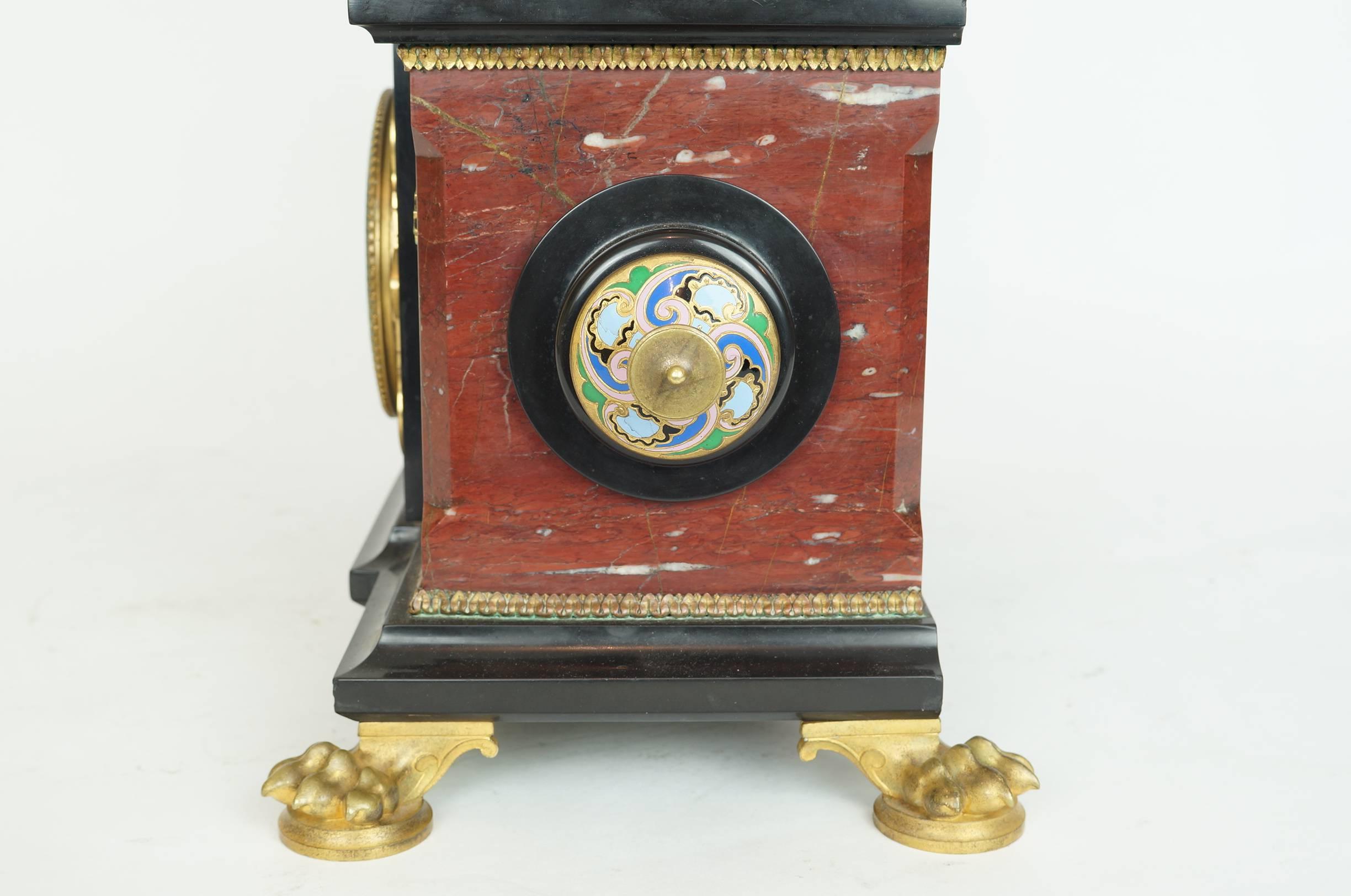 Three-Piece Rouge Marble, Bronze and Champleve Enamel Clock Ganiture Set 3