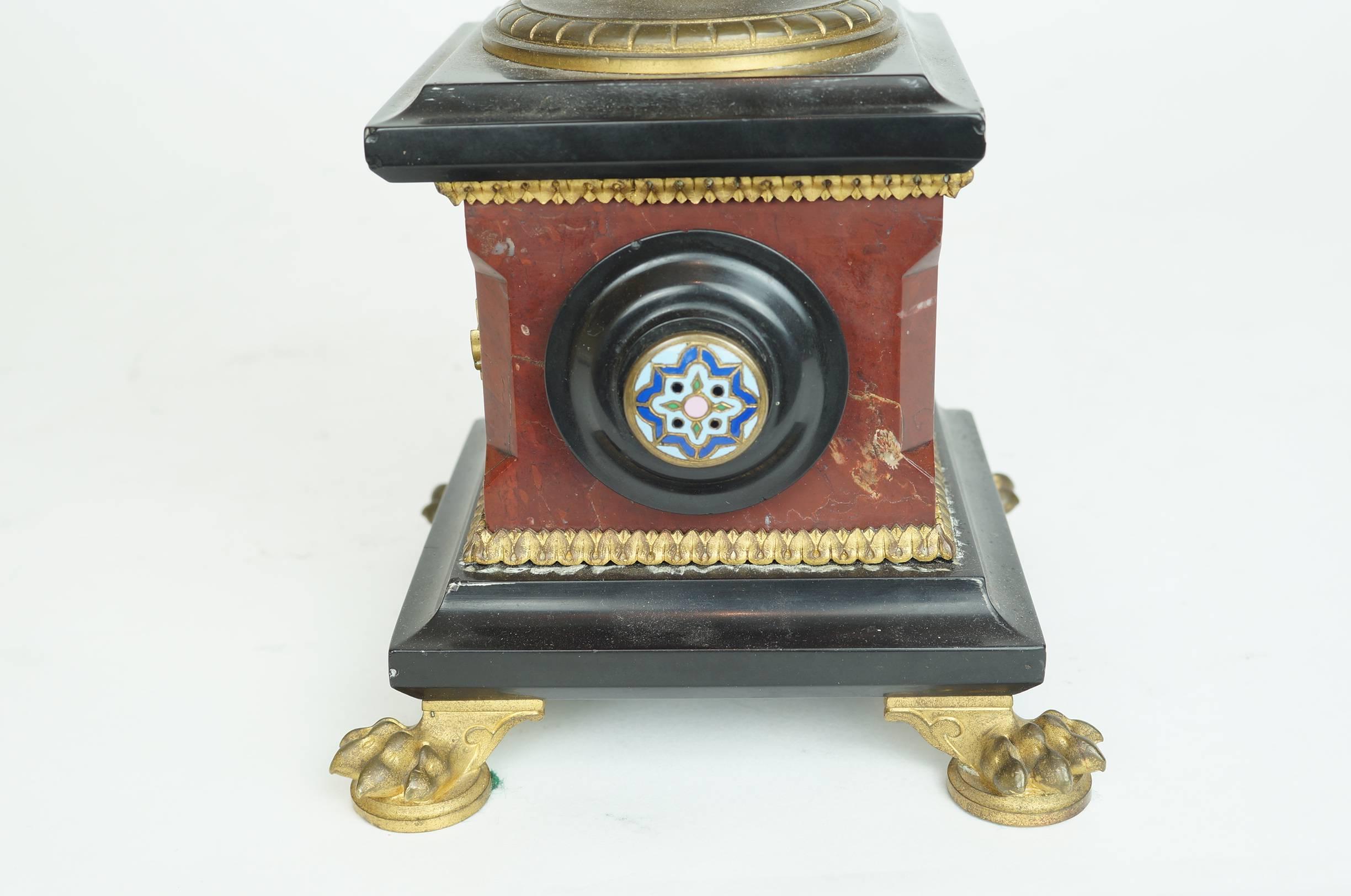 Three-Piece Rouge Marble, Bronze and Champleve Enamel Clock Ganiture Set 5
