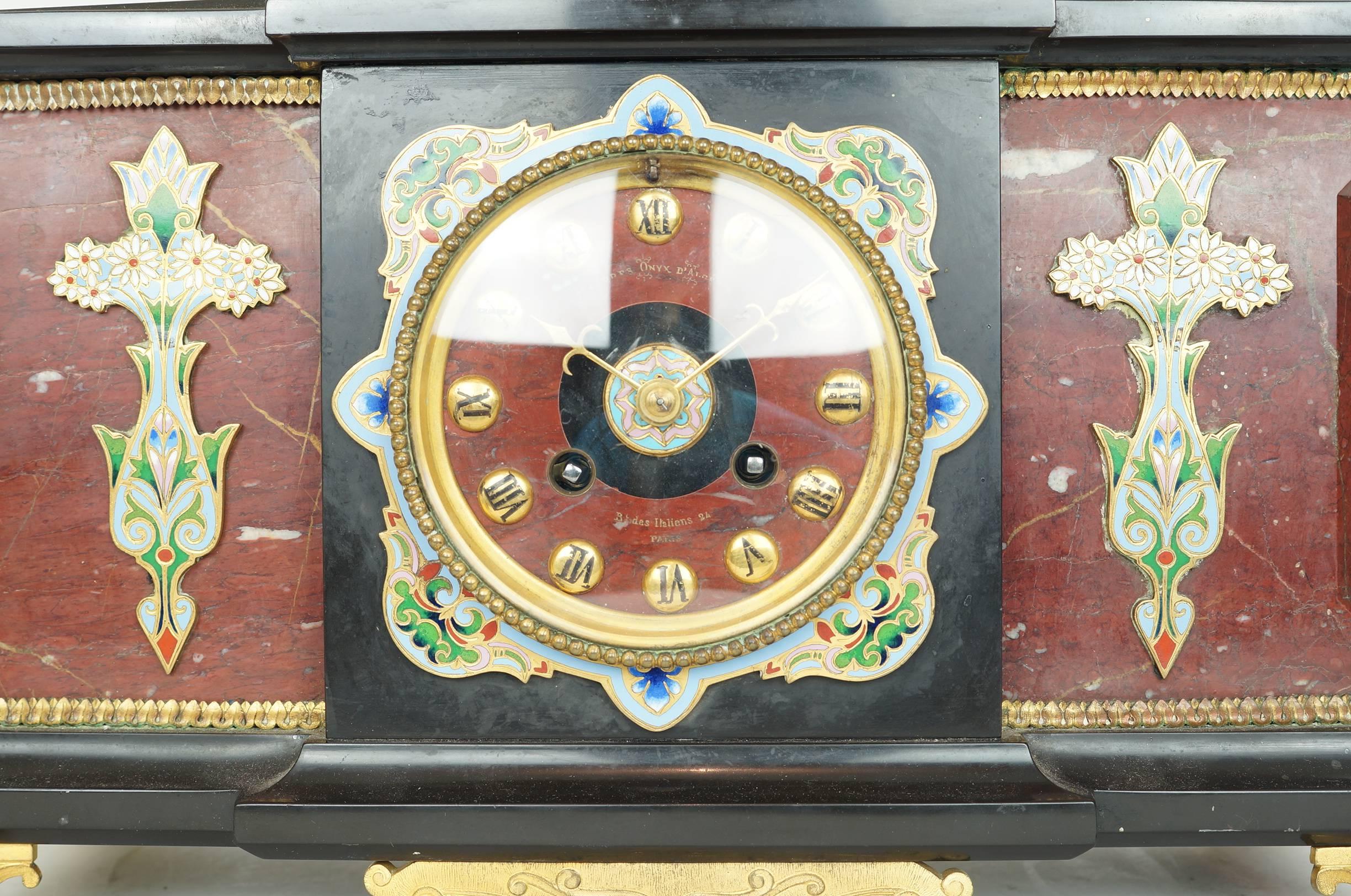 Three-Piece Rouge Marble, Bronze and Champleve Enamel Clock Ganiture Set 2
